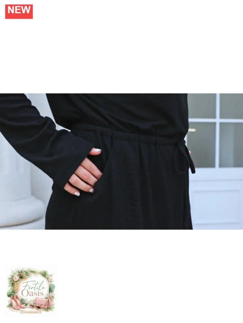 Women's Loose V-Neck Long Sleeve Tie Front A-Line Midi Dress with Pockets - Picture 5 of 6